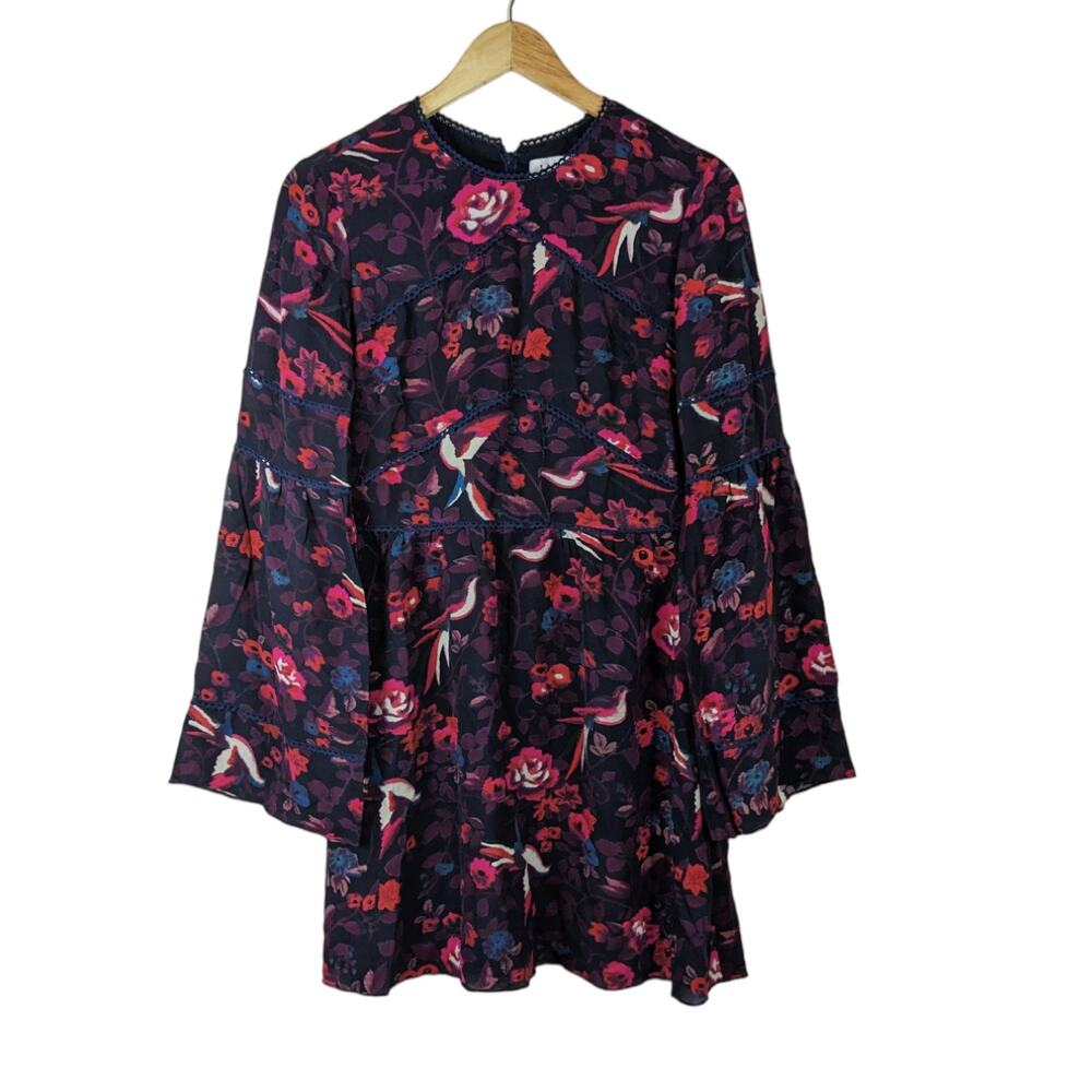 Tanya Taylor Womens Dress 4 Silk Navy Blue Red Floral Lace Trim Bell Sleeve Mini